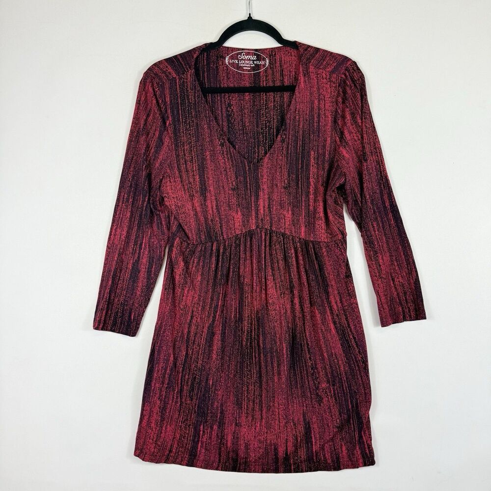 Soma Womens Mini Dress Medium Red Black‎ Long Sleeve Knit Lounge Soft Girl Comfy